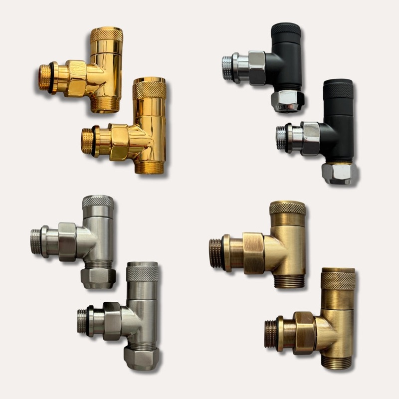 Designer-finish hot water radiator valve in brushed metal